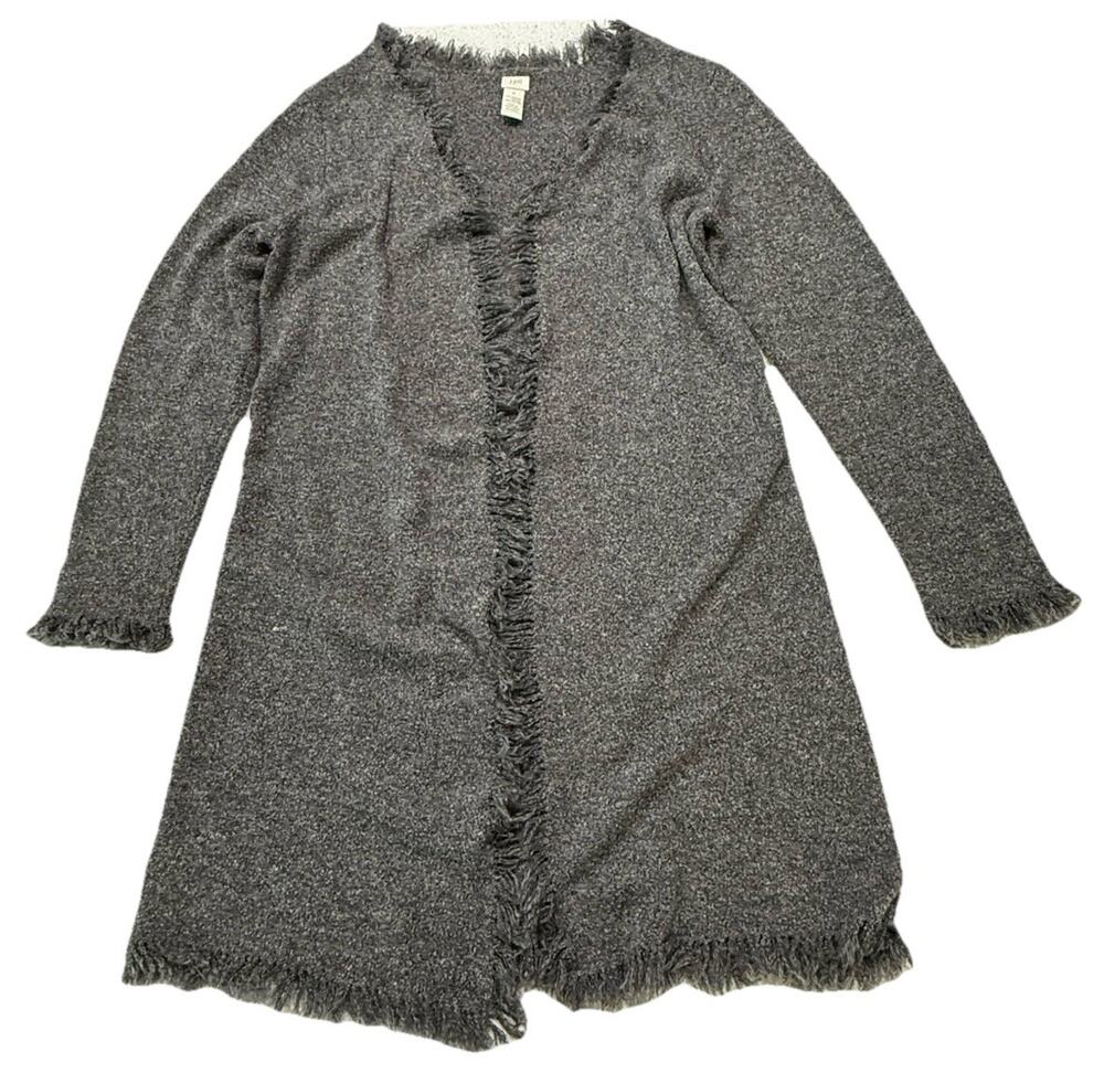 J Jill Cardigan Womens Open Front Bohemian Merino Wool Nubby Gray Fringed M